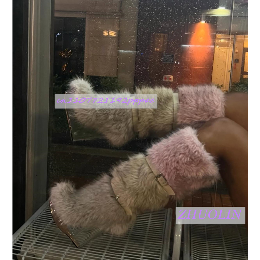 Women'S Fashion Knee High Boots - Winter Farbverlauf Pelzigen Transparent Keil Stiefel