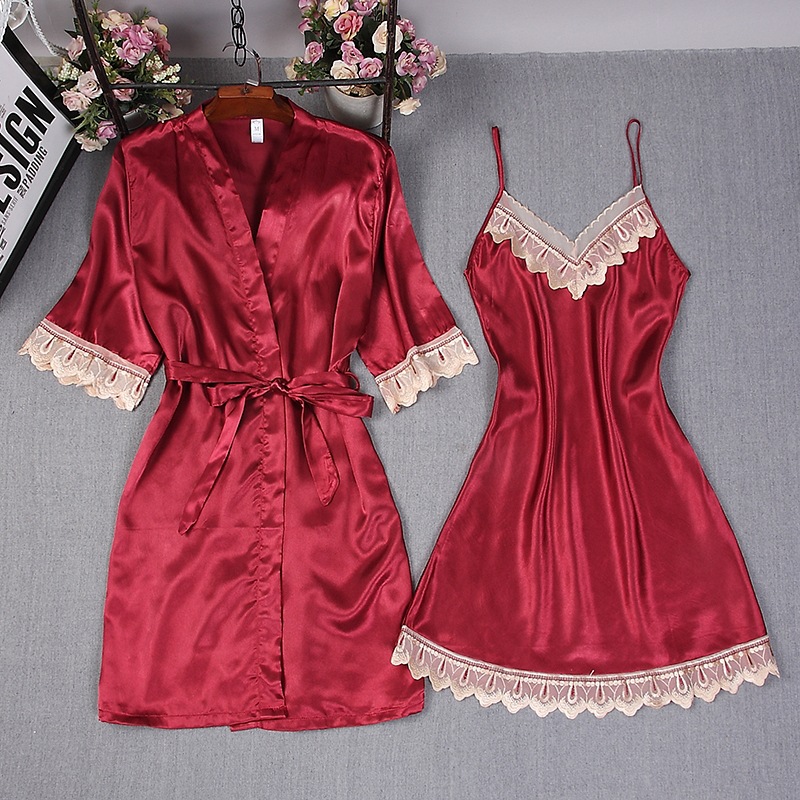 Lace Trim Cami - Frauen Satin Robe Reine Farbe Braut
