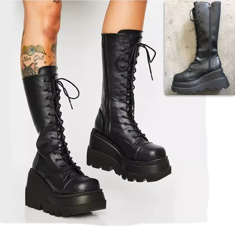 Women'S Fashion Knee High Boots - Damen-Plateaustiefel Punk Halbhohe Damenstiefel im Gothic-Stil
