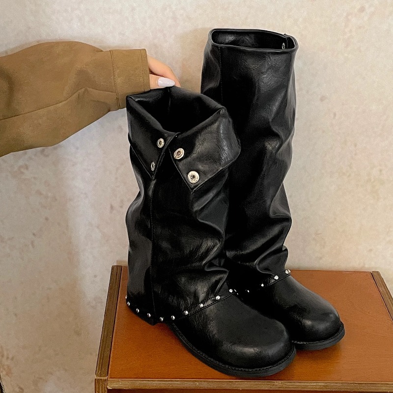 Women'S Fashion Knee High Boots - Damen-Stiefel im Slouchy-Tube-Stil, faltbarer Schaft, Metallnieten-Schnalle,